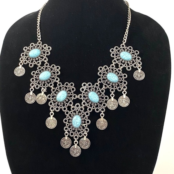 Necklace Middle Eastern Faux Turquoise Apron Style - Picture 1 of 11